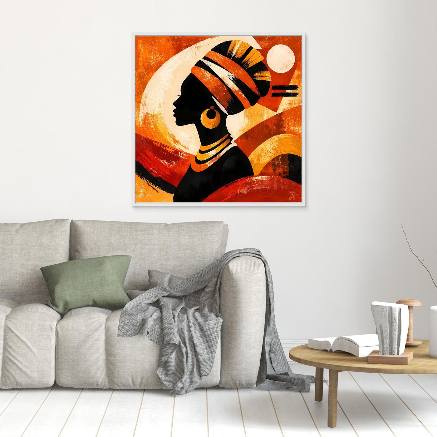 Kleines gerahmtes Leinwandbild an der Wand: Porträt einer Frau, orange-goldene Ethno-Illustration