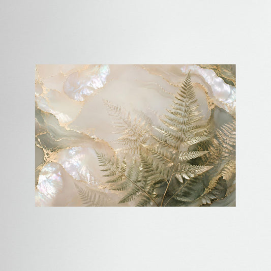 Poster im Querformat mit Perlmutt-Farn in Gold auf marmorierter Naturtextur