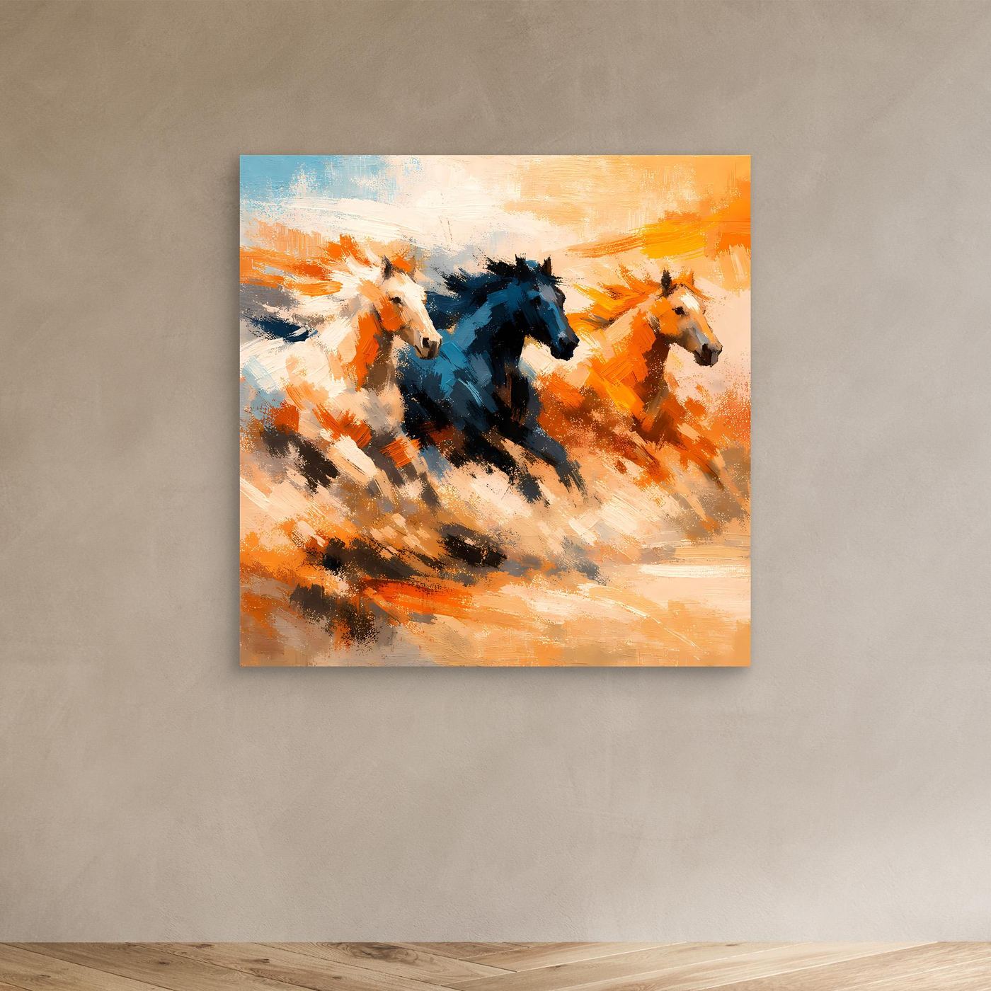 Premium Leinwand Wilde Pferde Galopp | Abstraktes Wandbild Dynamische Ölgemälde Optik