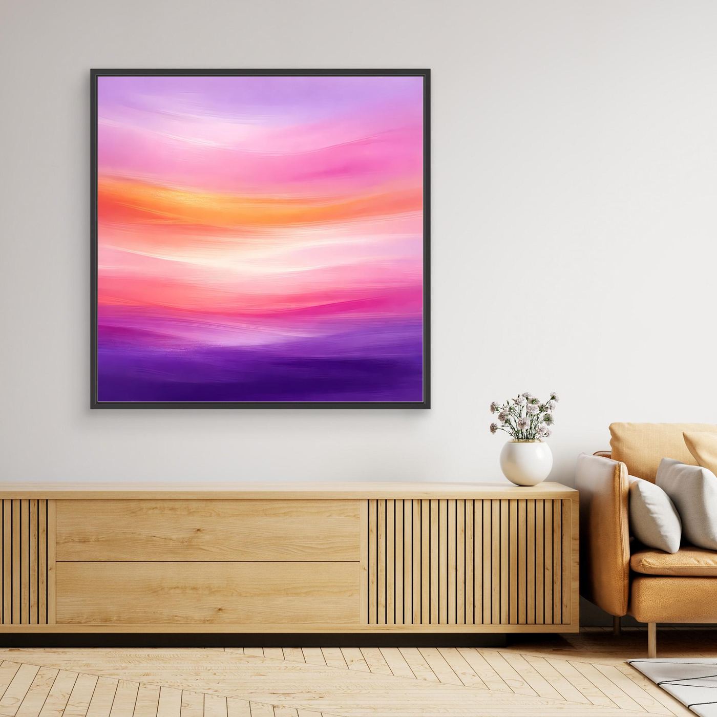 Gerahmtes Leinwandbild mit abstraktem Abendhimmel in Pink und Violett, schwarzer Rahmen