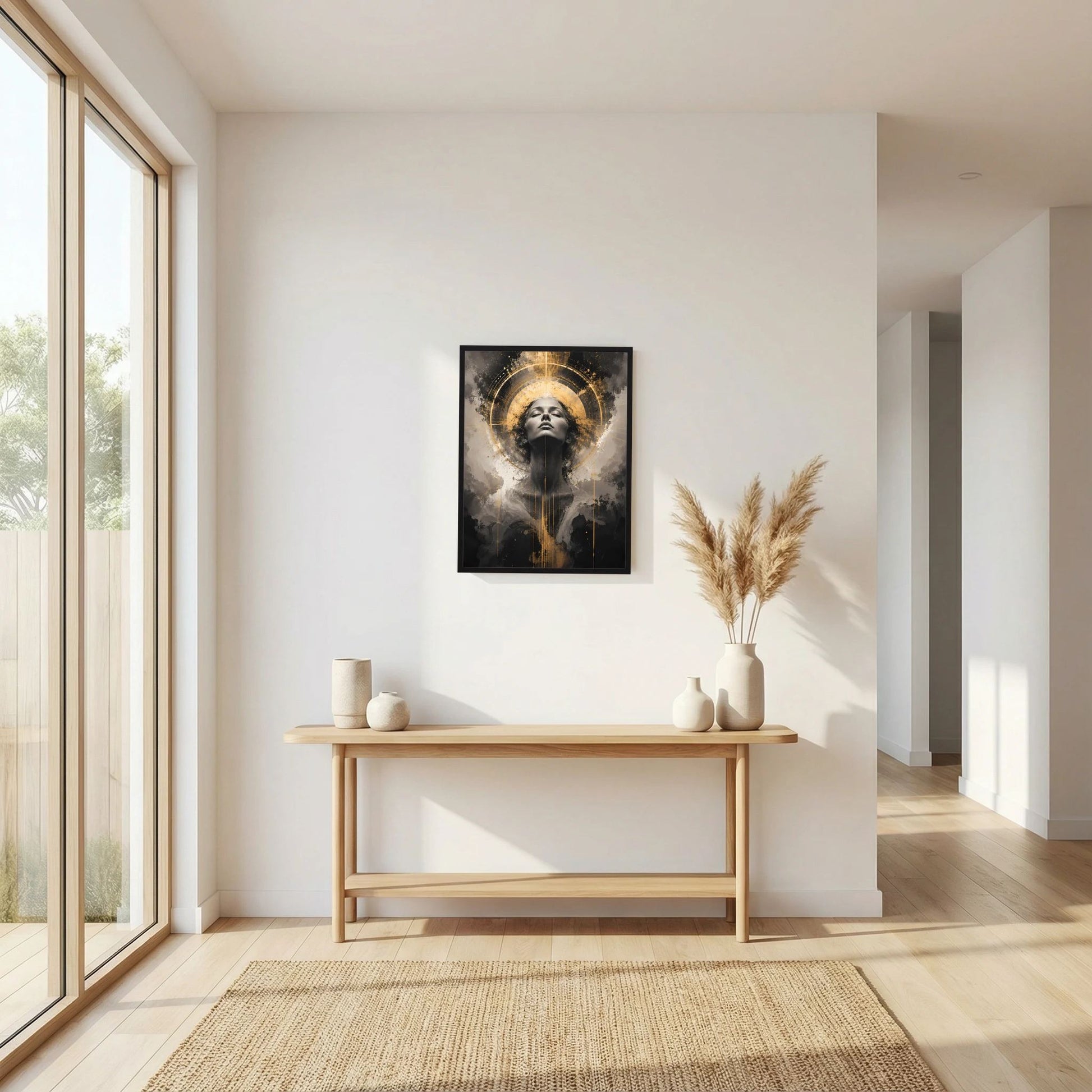 Schwarz gerahmtes Hochformat-Poster mit Frauenmotiv, goldenem Ring und abstrakten Sprenkeln
