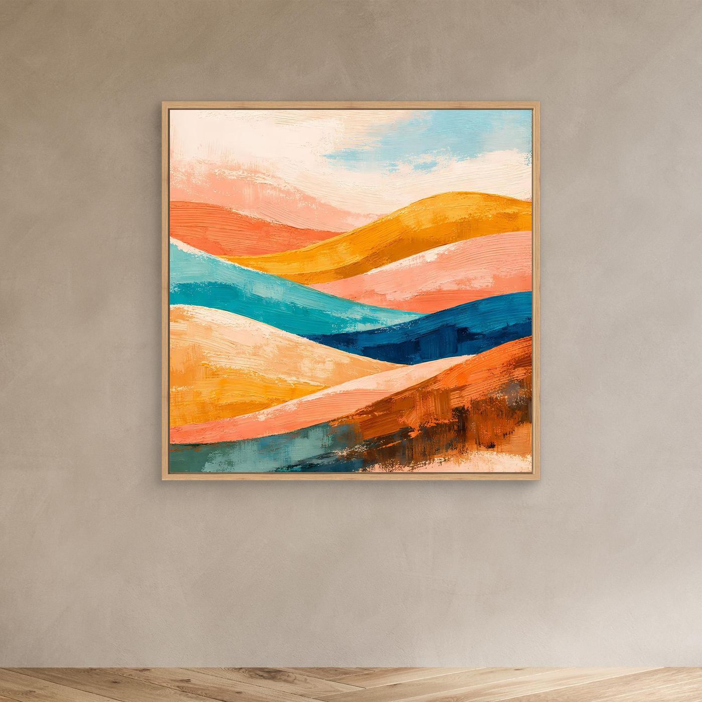Abstract canvas wall art of soft wave hills in orange, teal, and blue, light wood frame