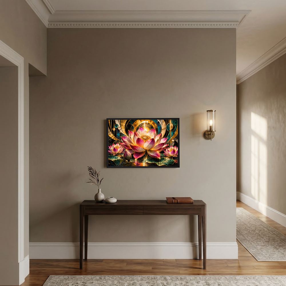 Querformat-Poster mit Mosaikstil-Lotusblüten in Pink, Gold und Türkis