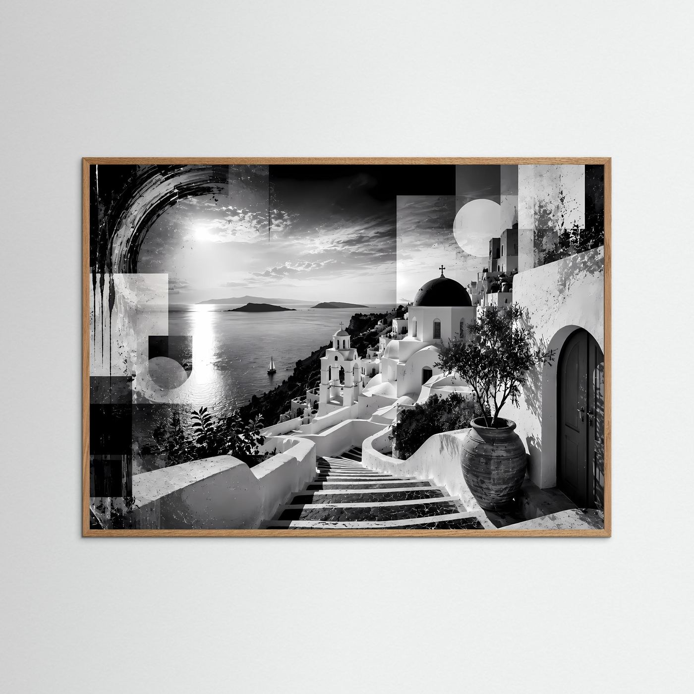 Santorini in Schwarz-Weiß | Abstrakte Griechenland Wandkunst mit Meerblick