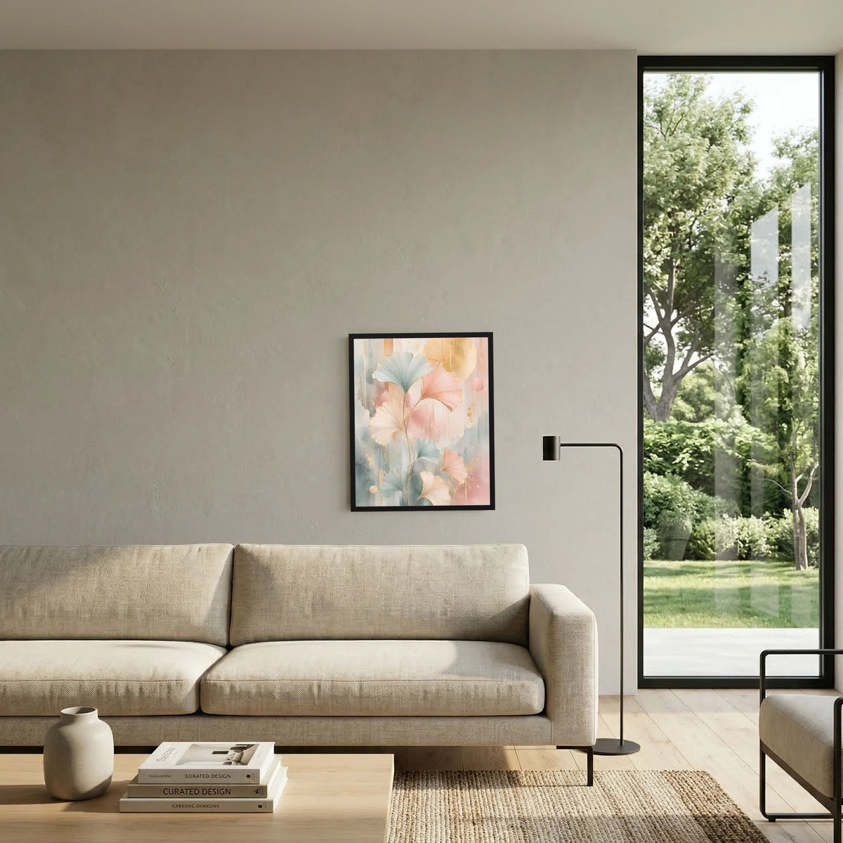 Gerahmtes Hochformat-Kunstposter mit Ginkgo-Blättern in Pastellrosa, Salbeigrün und Gold