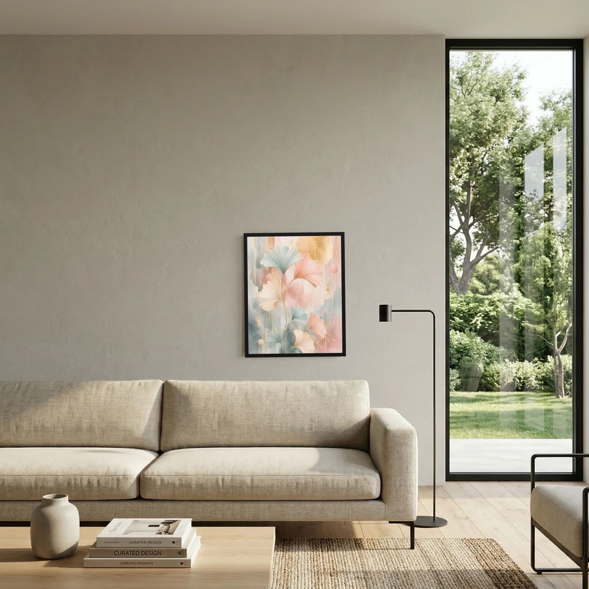 Gerahmtes Hochformat-Kunstposter mit Ginkgo-Blättern in Pastellrosa, Salbeigrün und Gold