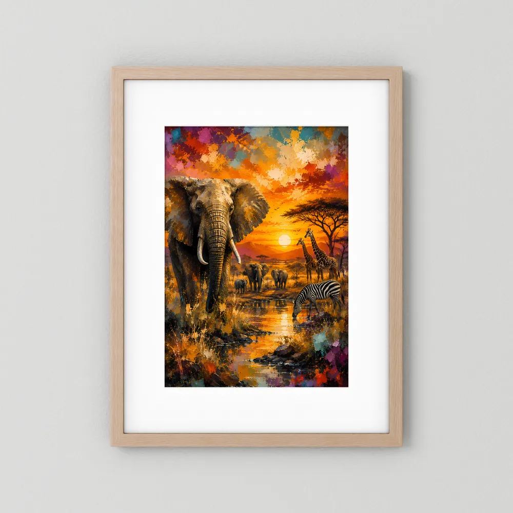 Poster im Hochformat mit hellem Holzrahmen: Elefant, Zebras und Sonnenuntergangslandschaft