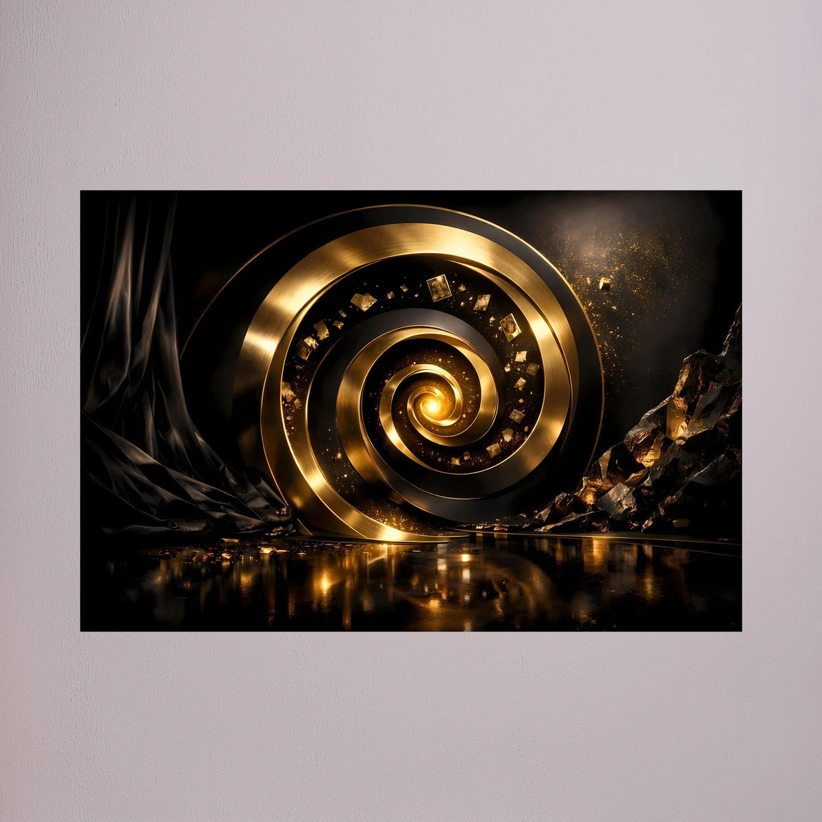 Wandbild im Querformat mit goldener 3D-Spirale, schwarzem Hintergrund und spiegelnder Basis