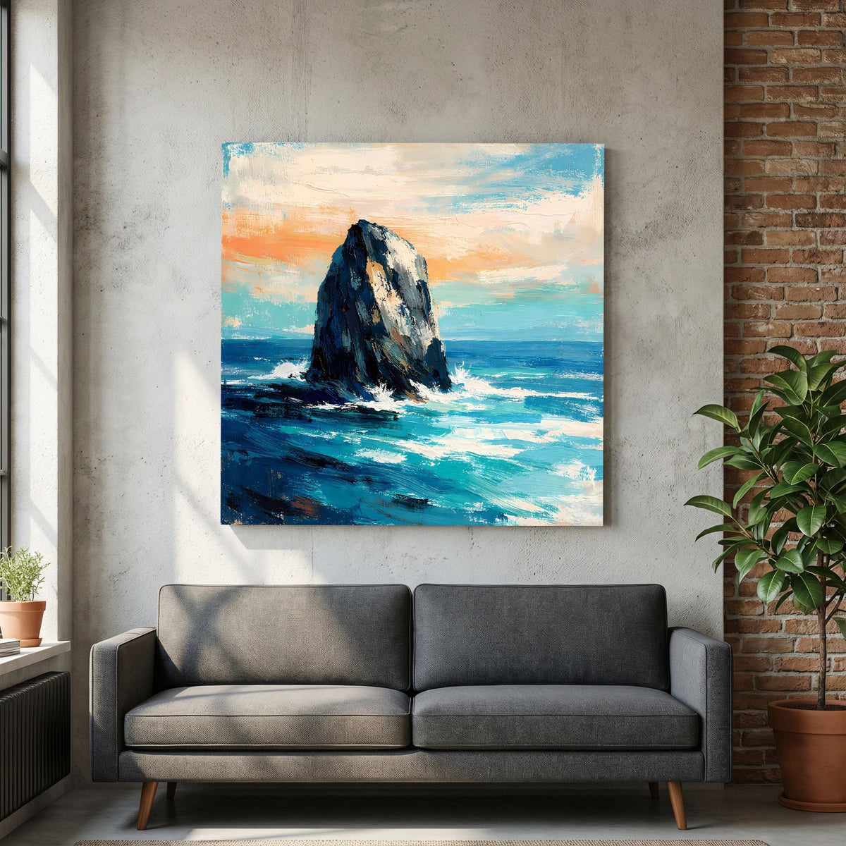 Quadratisches Leinwandbild: Felsen in der Brandung, blaues Meer und orangefarbener Himmel mit Lichtspuren.