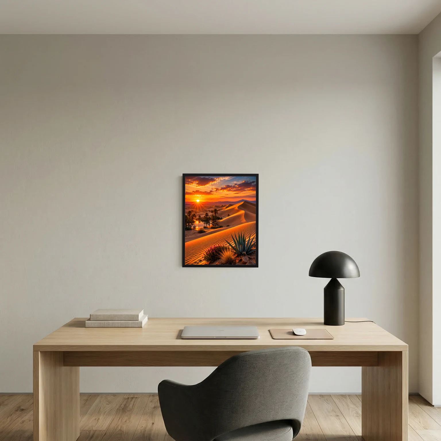 Wandposter im Hochformat mit Wüste, Oase, Palmen und leuchtenden Sanddünen bei Sonnenuntergang