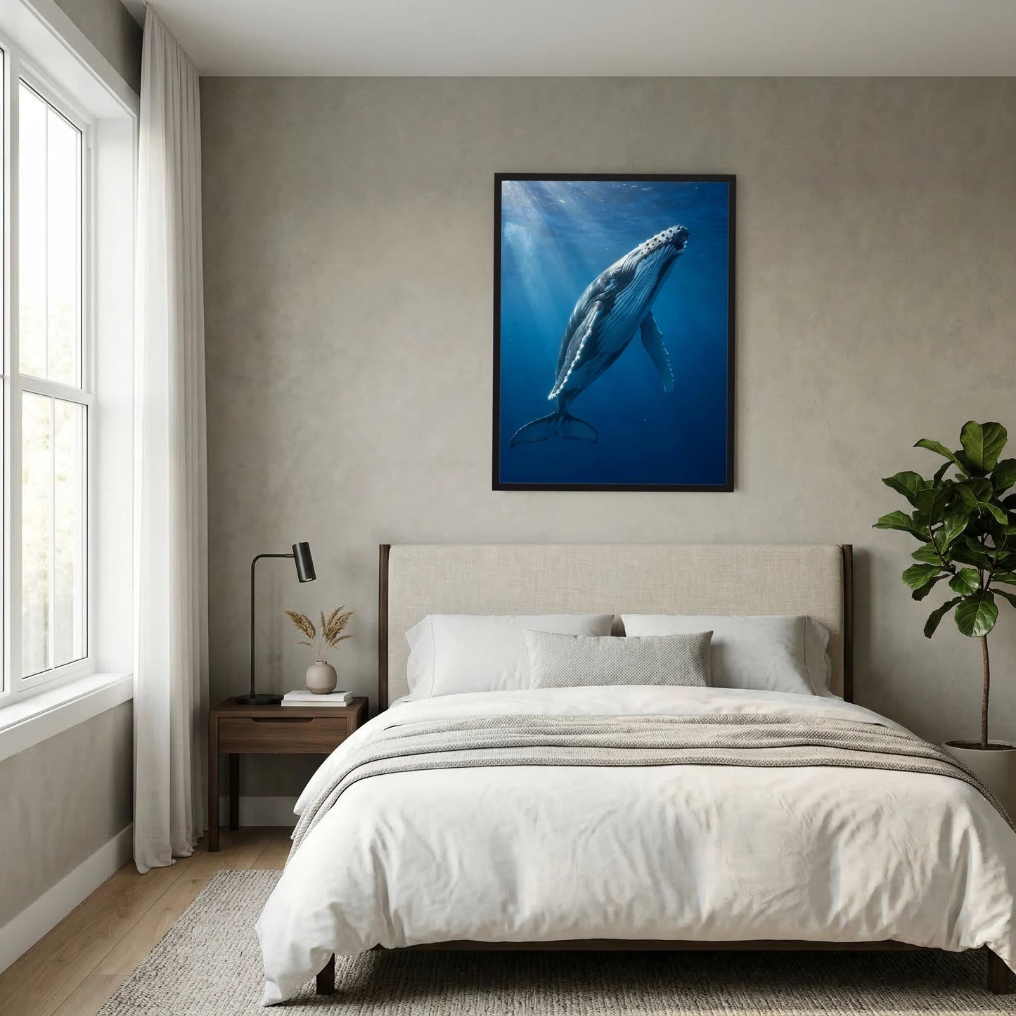 Poster mit Buckelwal unter Wasser, schwarzer Rahmen