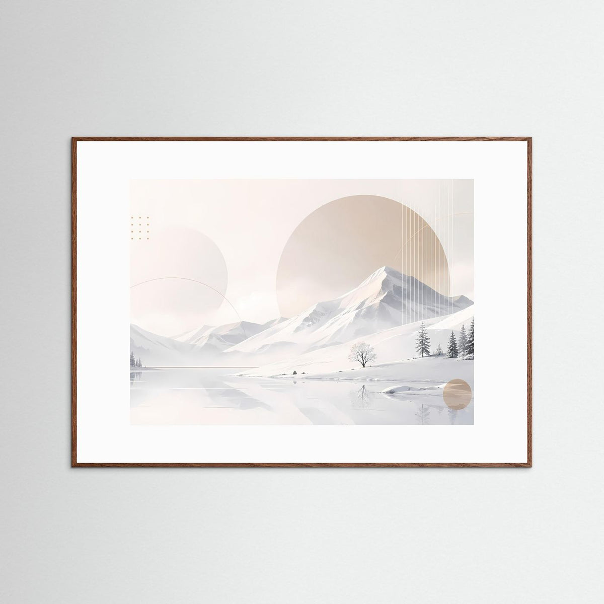 Querformatiges Poster mit winterlicher Berglandschaft in Weiß und Beige, brauner Holzrahmen