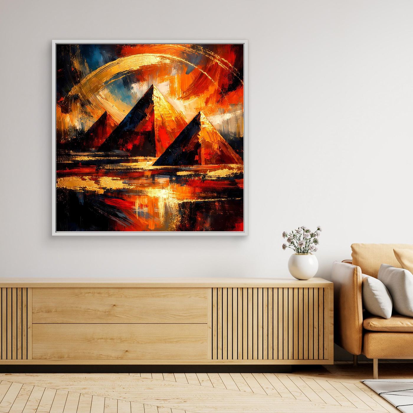 Gerahmtes Leinwandbild mit abstrakten ägyptischen Pyramiden in Gold, Rot und Dunkelblau