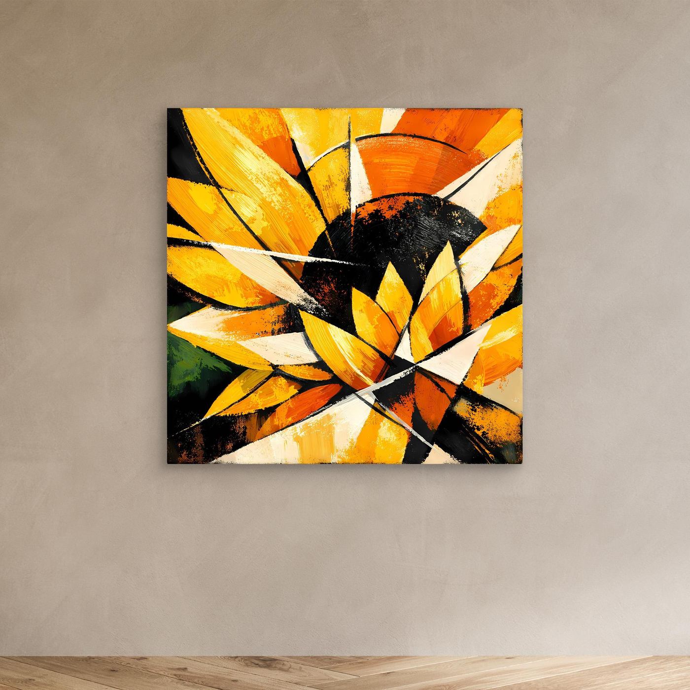 Abstraktes Leinwandbild Sonnenblume ohne Rahmen: gelb-orange Blüten, schwarzer Kern, weiße Strahlenlinien