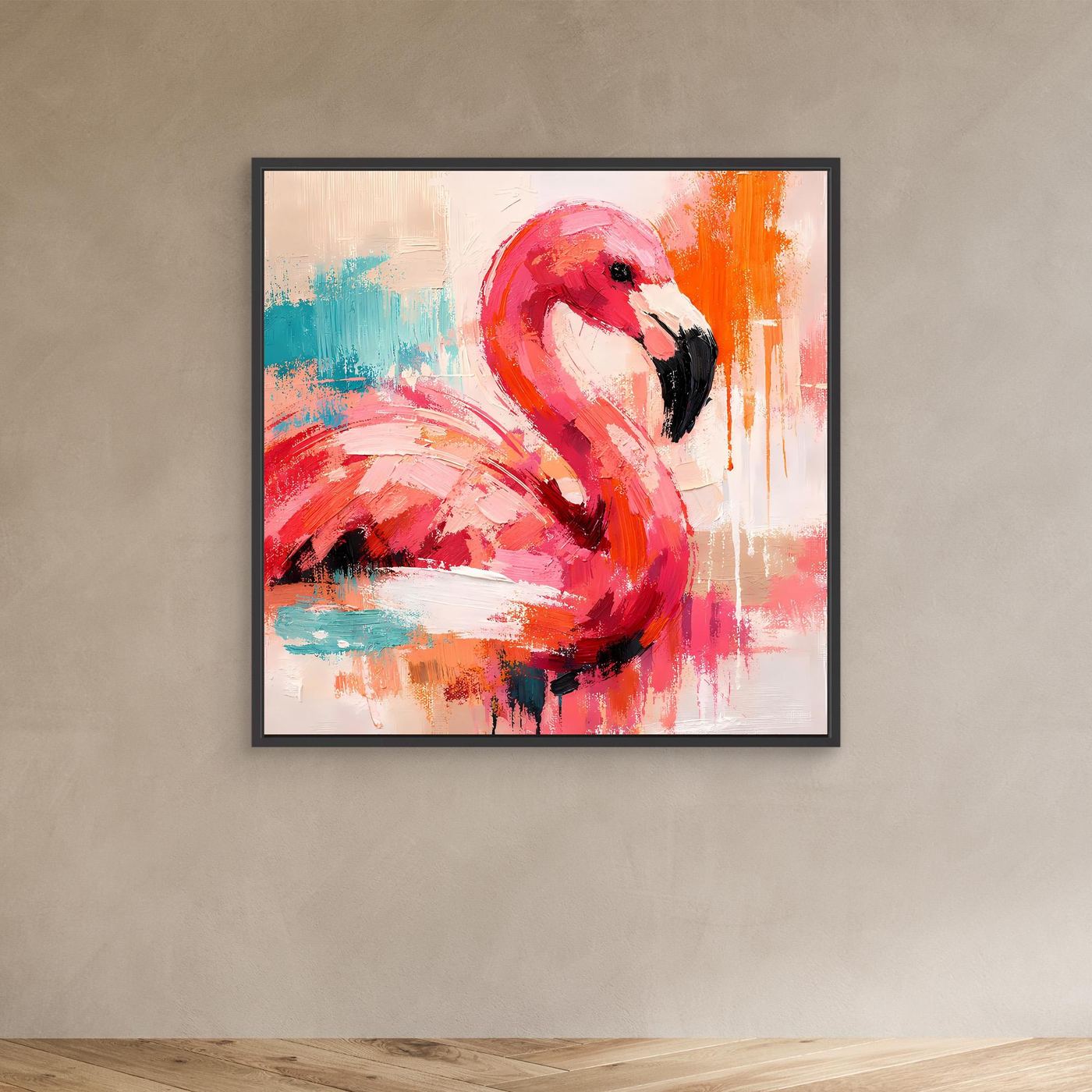 Leinwand-Wandbild mit abstraktem Flamingo in Pink und Blau, schwarzer Rahmen.