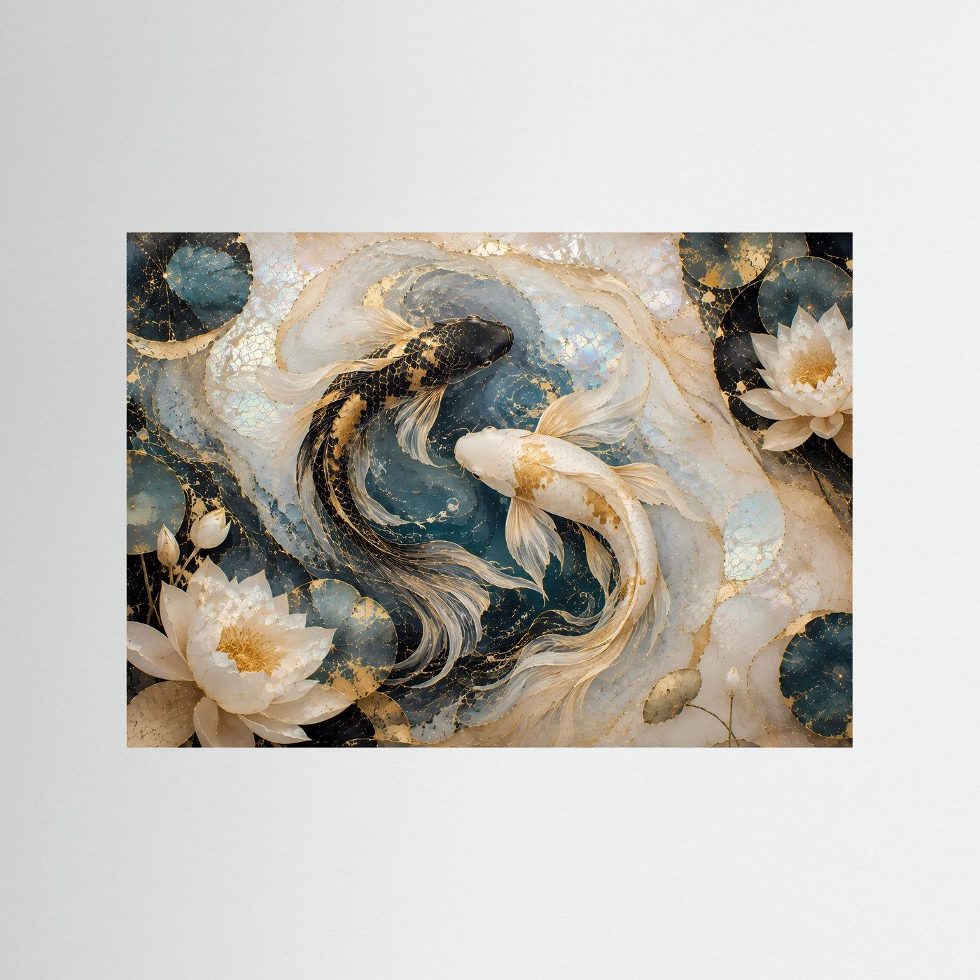Querformatiges Poster: Koi-Fische und Lotusblüten in Blau, Gold und Perlmutt