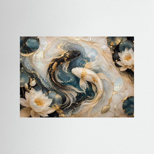 Querformatiges Poster: Koi-Fische und Lotusblüten in Blau, Gold und Perlmutt