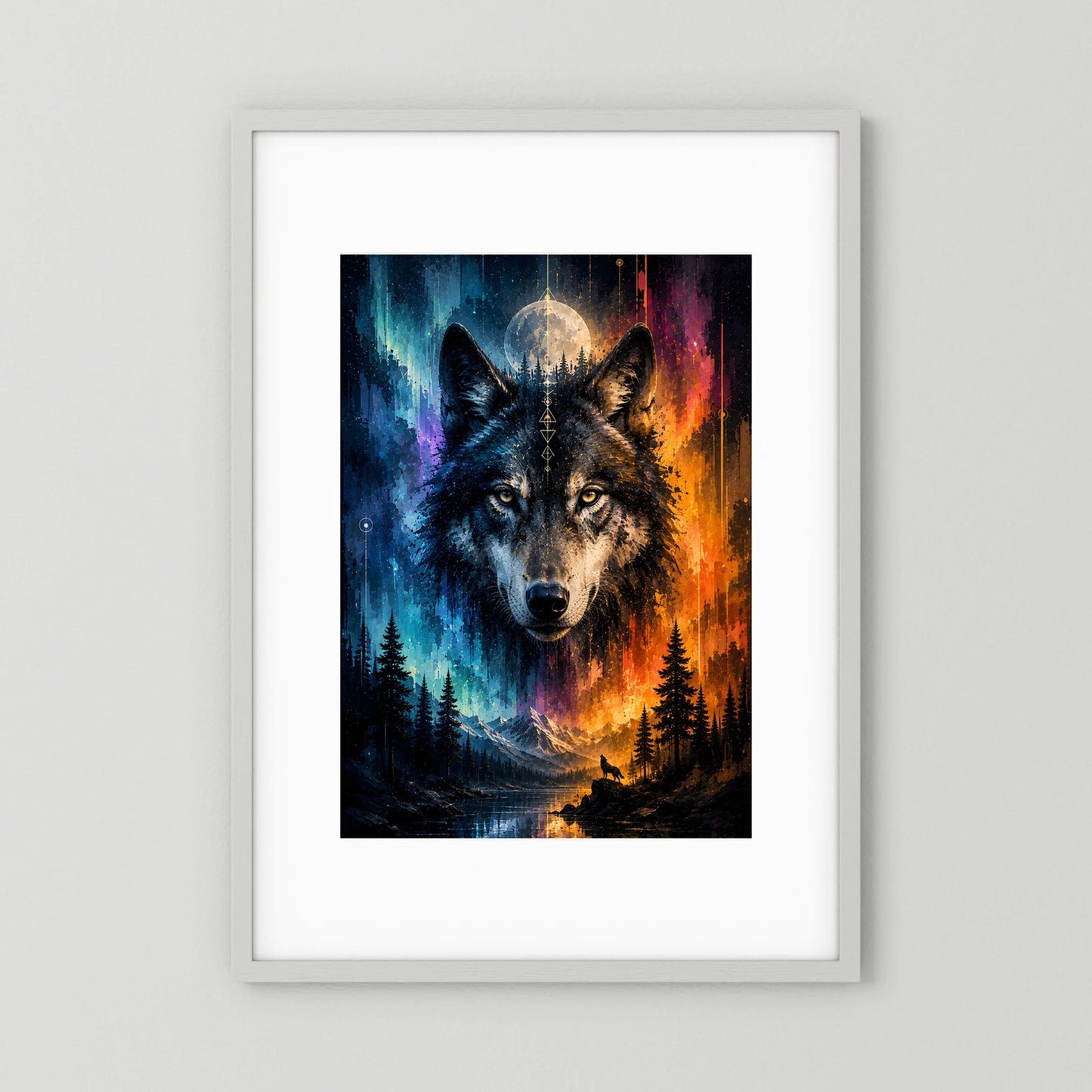 Poster im Hochformat mit Wolfsgesicht, Feuer-und-Eis-Look und Bergwald