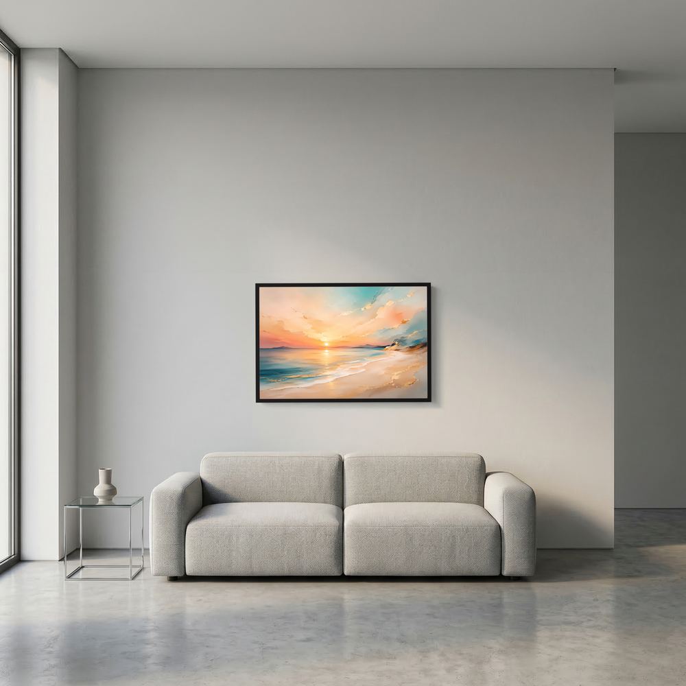 Gerahmtes Querformat-Strandposter mit Sonnenuntergang am Meer, schwarzer Rahmen