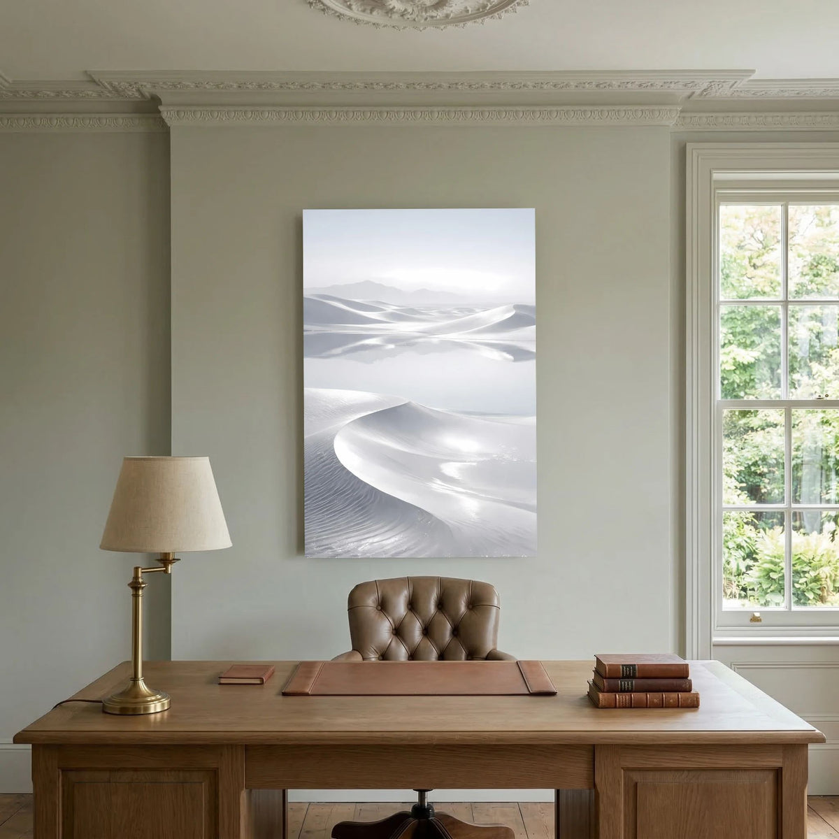 Poster im Hochformat: weiße Wüstenlandschaft mit Dünenlinien und heller Fläche
