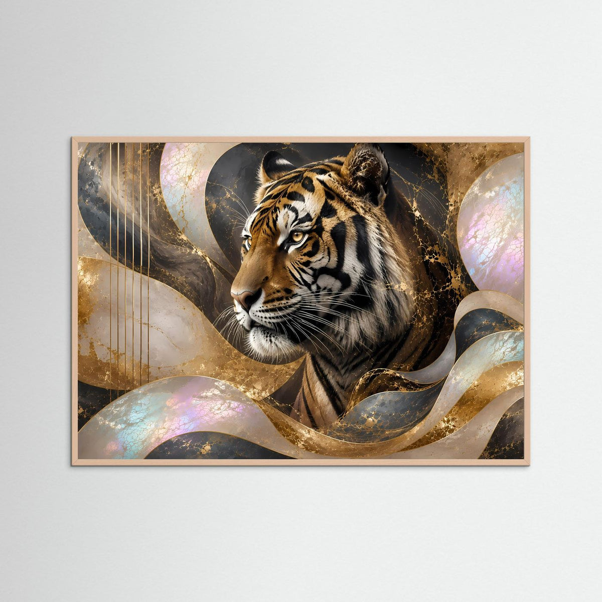 Abstraktes Tigerbild im Roséholzrahmen mit goldenem Tigerkopf und perlmuttartigem Wirbelmotiv