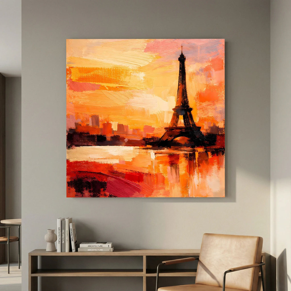 Leinwand Abstraktes Eiffelturm Paris Gemälde | Modernes Romantisches Wandbild Sonnenuntergang