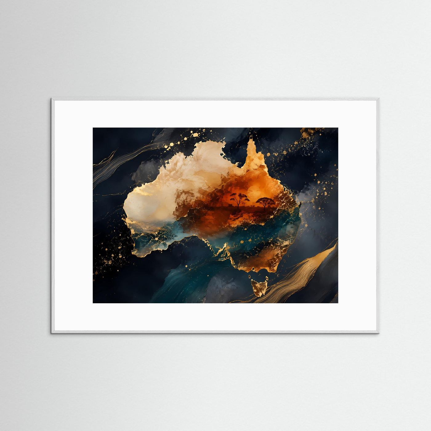 Kunstdruck im Querformat mit grauem Rahmen, abstraktes Motiv in Gold-Orange und Blau