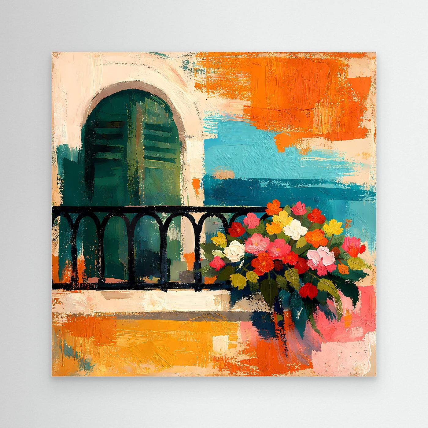 Abstract Mediterranean balcony wall art with flowers and arched window, no visible frame