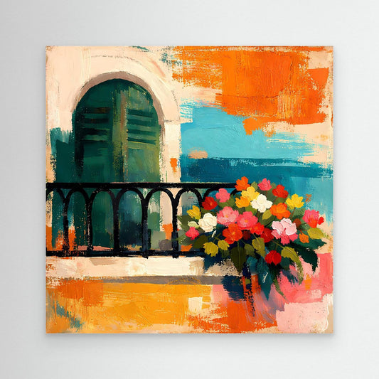 Abstract Mediterranean balcony wall art with flowers and arched window, no visible frame