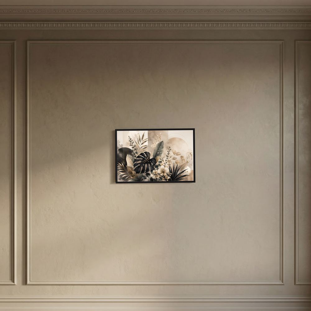 Querformat-Poster mit abstrakter Botanik in Beige, Schwarz und Gold, im schwarzen Rahmen