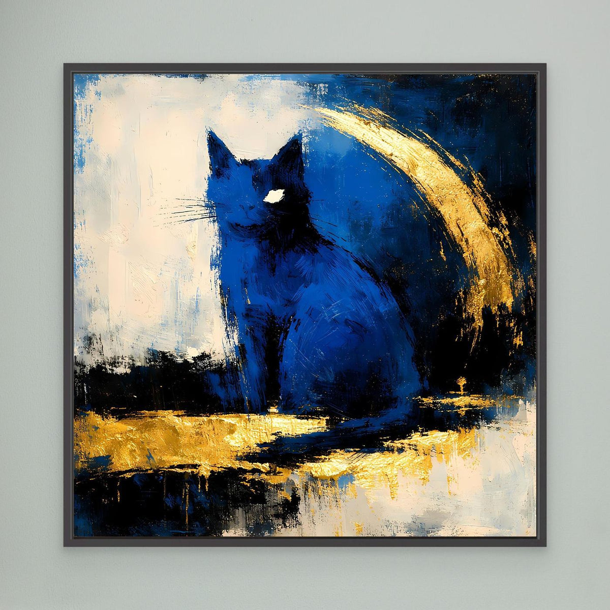Gerahmtes Leinwand-Wandbild: blaues Tiermotiv mit Goldbogen, dunkler Rahmen