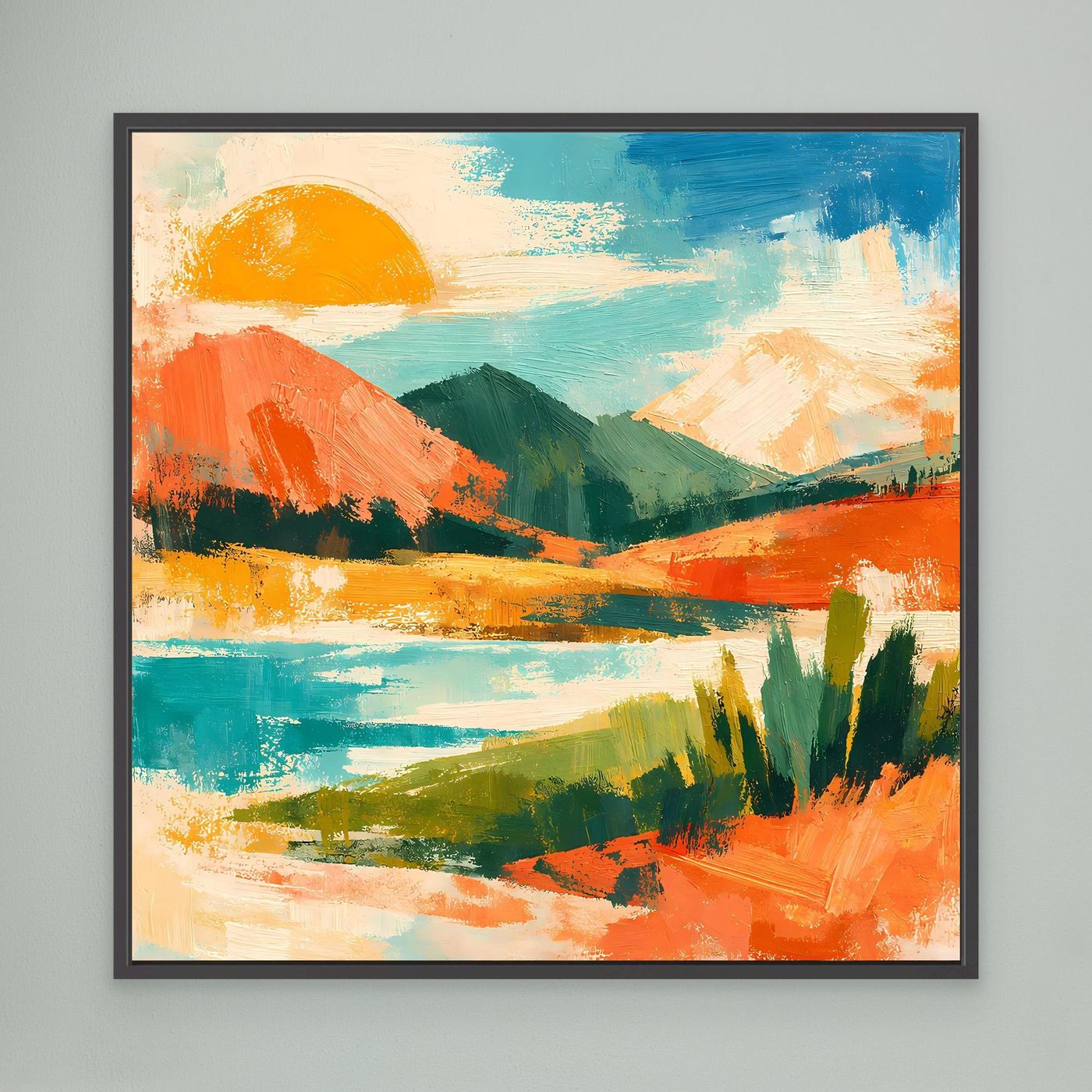 Schwarz gerahmtes abstraktes Leinwand-Wandbild mit See, Bergen und Sonnenmotiv