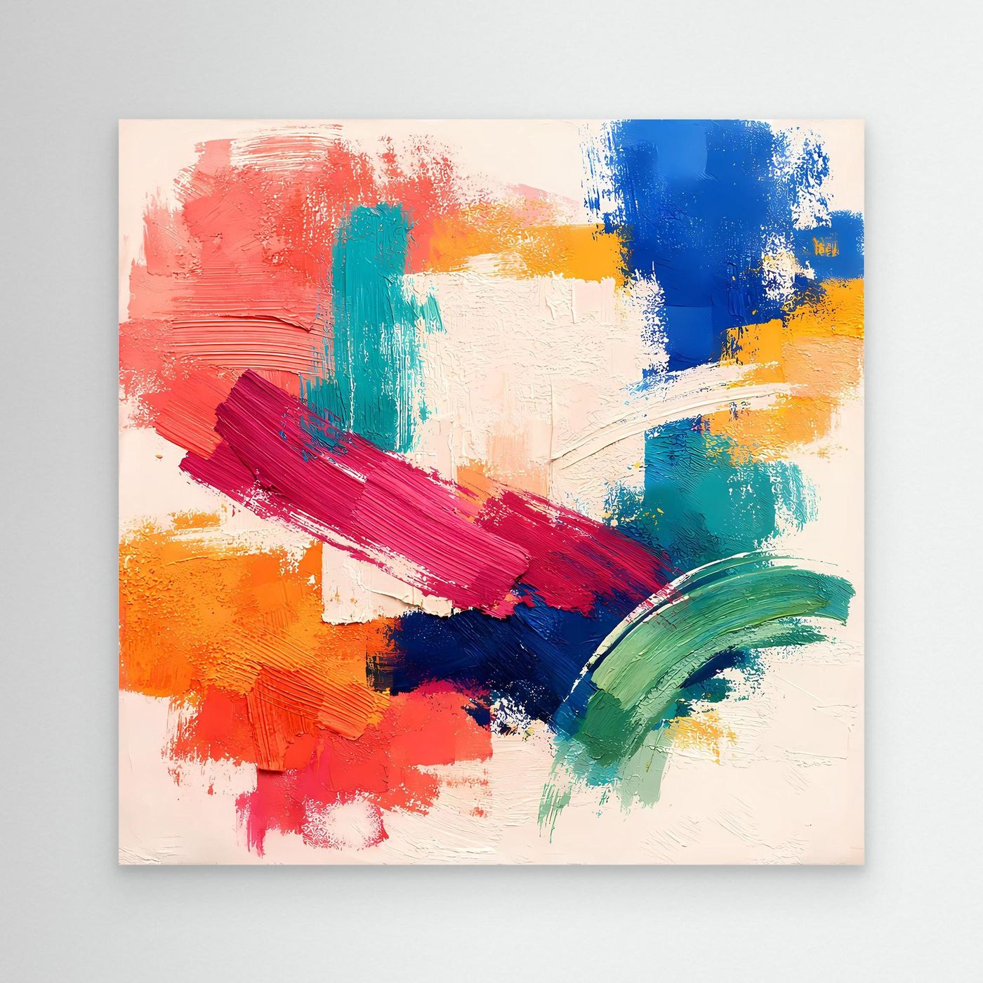 Frameless abstract canvas wall art with red, blue, green, yellow brush strokes