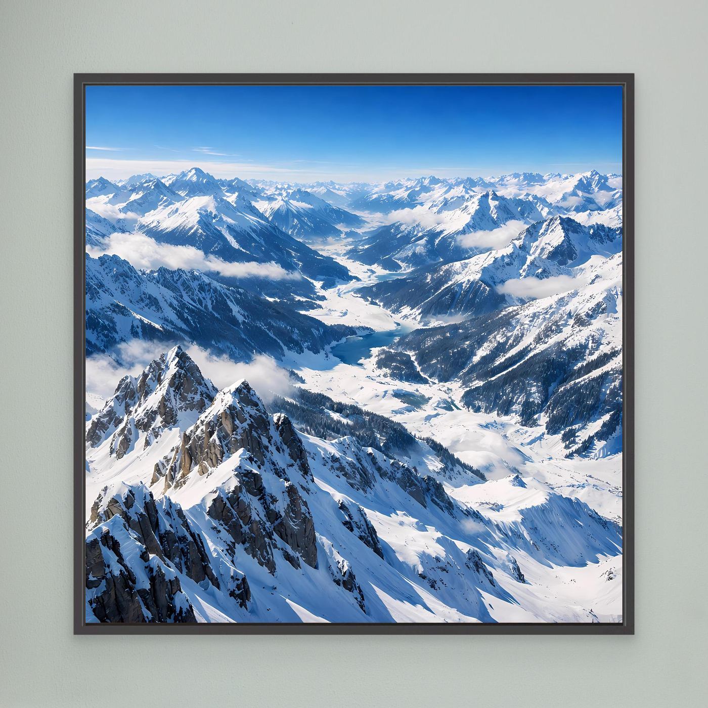 Gerahmtes Leinwandbild: schneebedeckte Alpenpanoramalandschaft, blau-weiß, schwarzer Rahmen