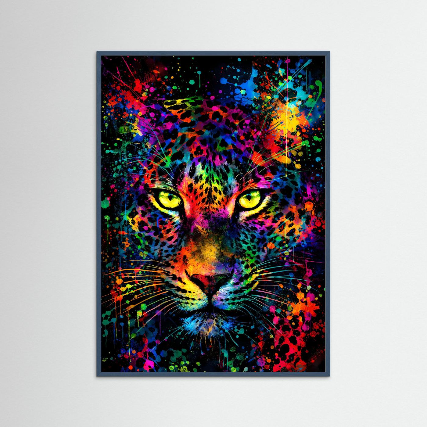 Leopardenkopf-Poster mit bunter Farbexplosion, dunkler Rahmen