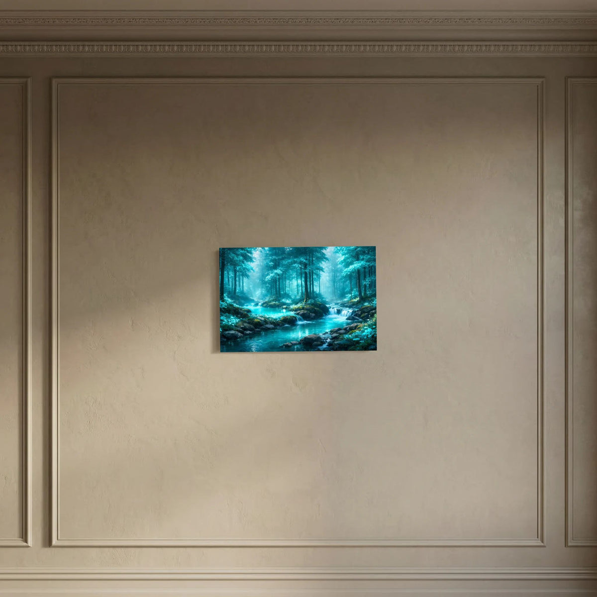 Wandbild im Querformat mit türkisfarbenem Fluss durch grünen Wald