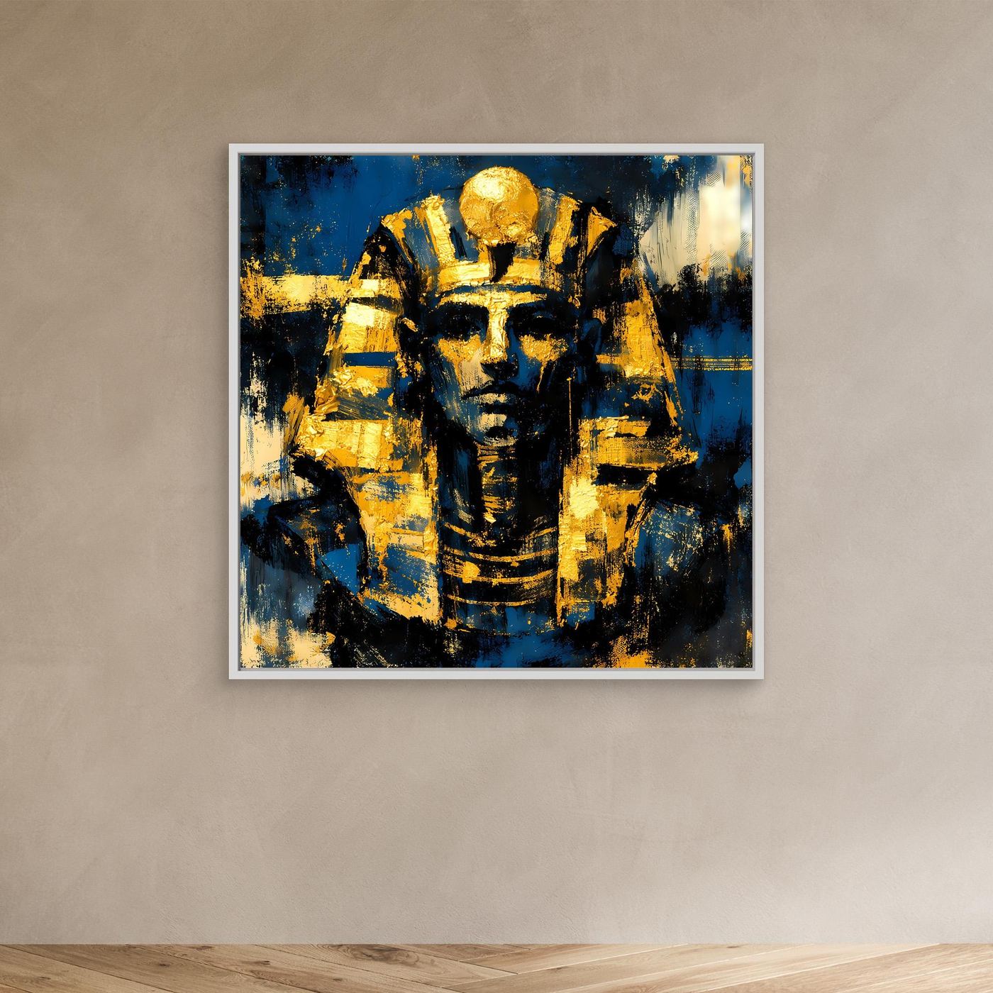 Leinwandbild mit Pharao-Porträt in Gold und Blau, heller Rahmen