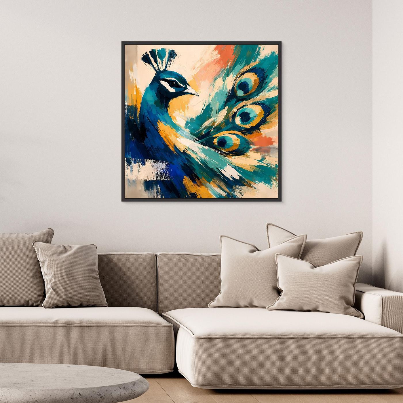 Abstract peacock wall canvas with blue and teal feathers, in black frame