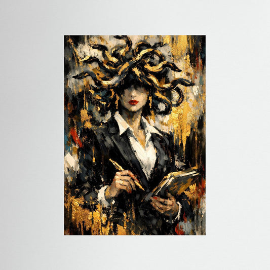 Hochformatiges Kunstposter mit Frauengestalt und gelocktem Haar, gold-schwarz, ohne Rahmen