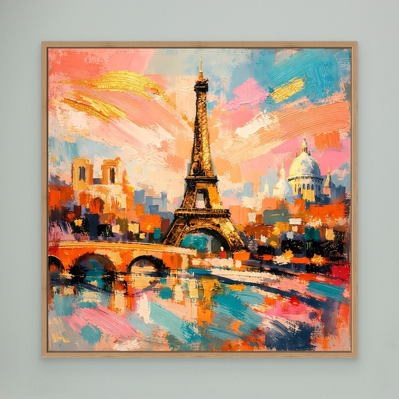 Eichfarben gerahmtes Leinwandbild mit Eiffelturm und Pariser Skyline, bunt abstrakt