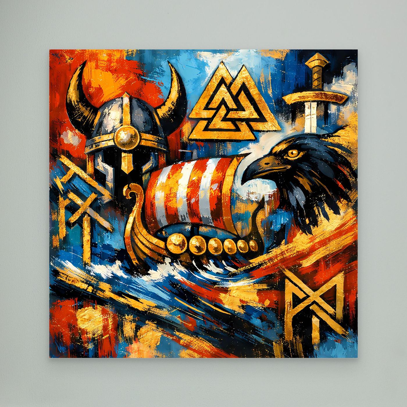 Abstraktes Wandbild ohne Rahmen: Wikingerhelm, Rabe und geometrische Symbole in Blau/Rot