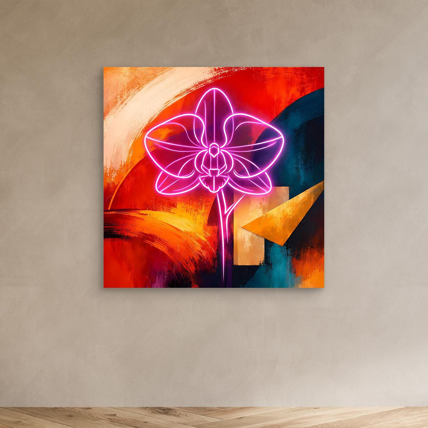 Abstraktes Leinwandbild mit leuchtender Neon-Orchidee in Pink, ohne Rahmen