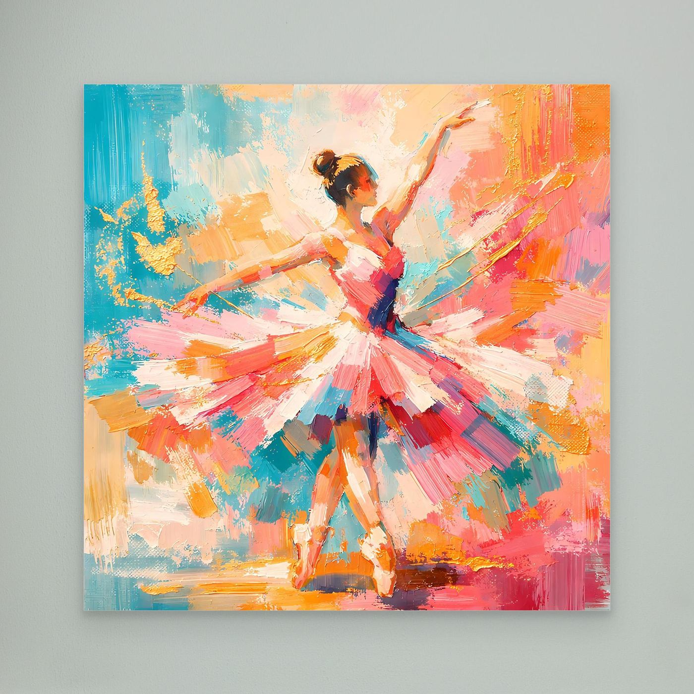 Abstraktes Leinwandbild: Ballerina in leuchtenden Farben, tanzende Pose, ohne Rahmen