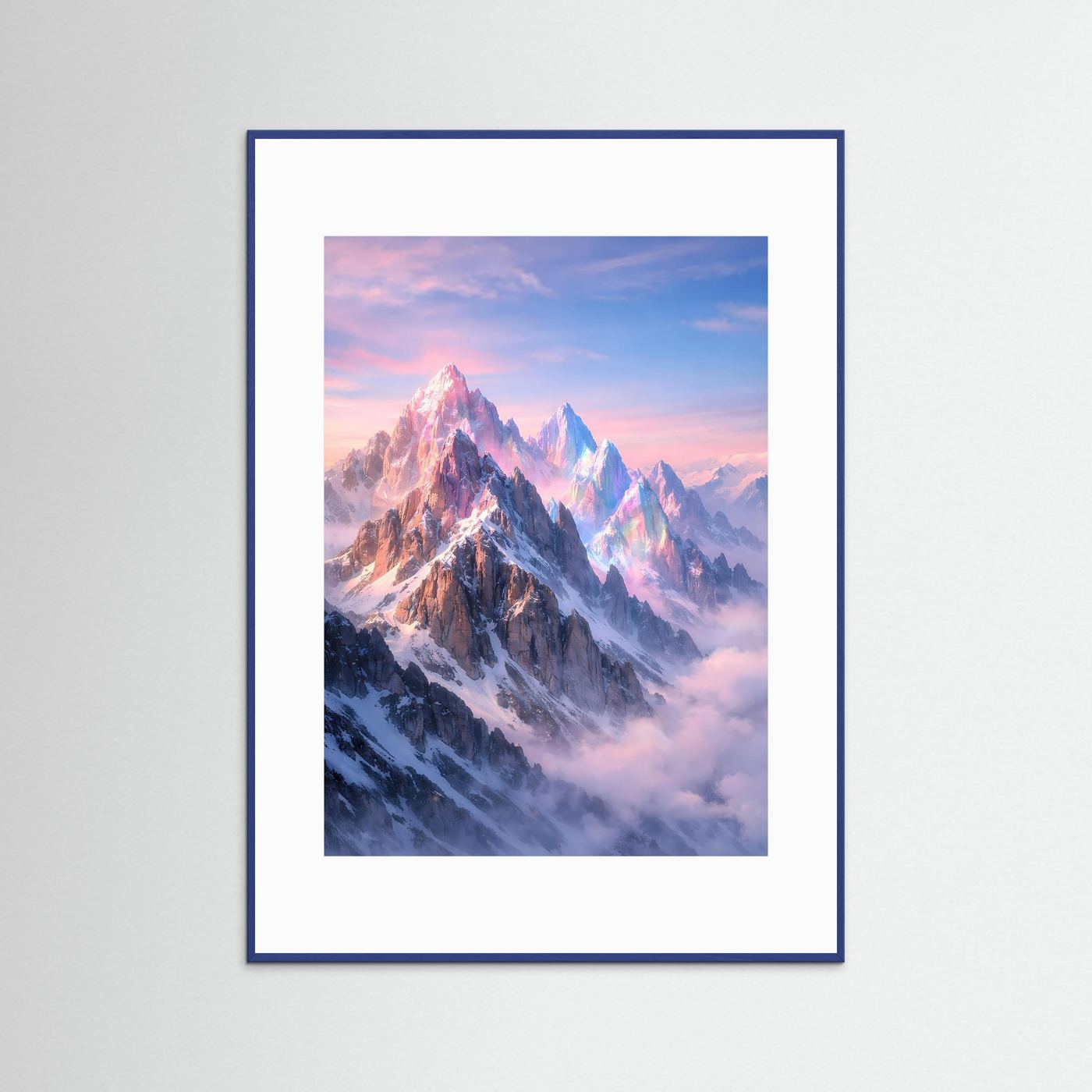 Bergposter mit schneebedeckten Alpen im Abendhimmel, blauer Rahmen, Hochformat