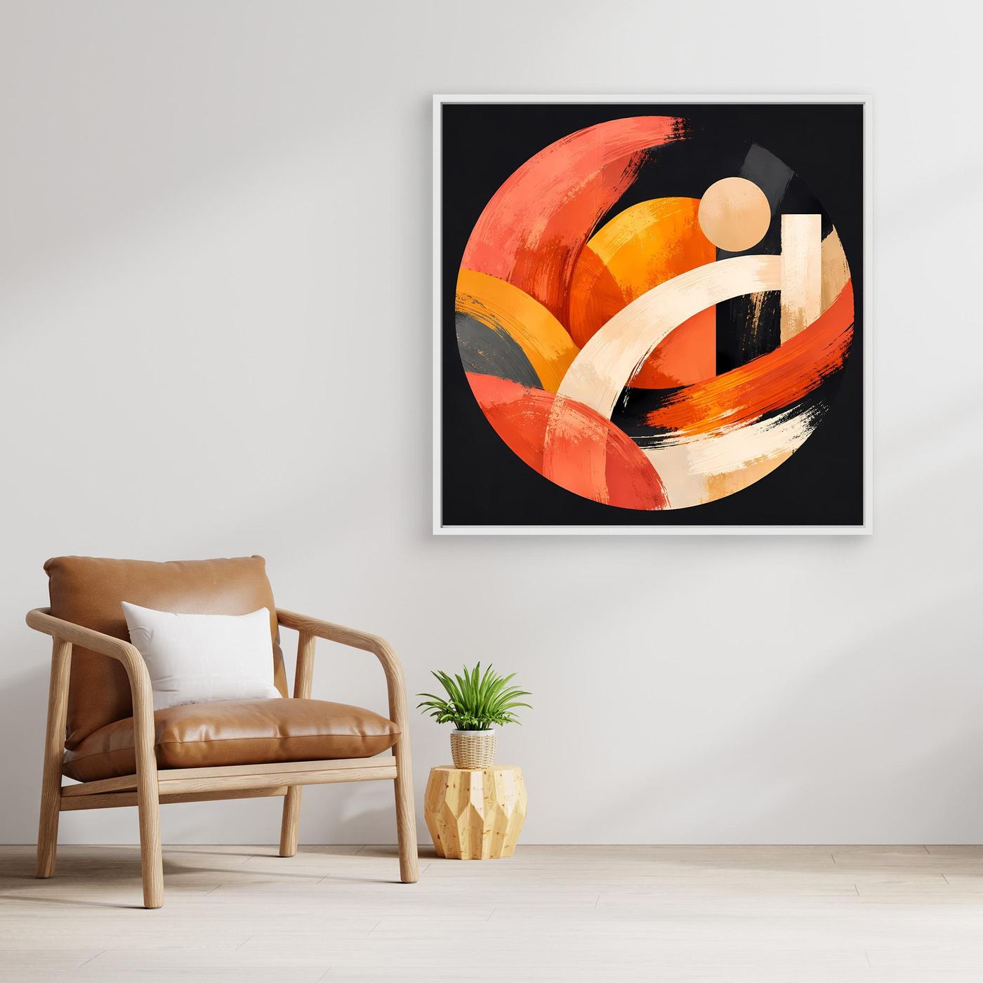Gerahmtes Leinwandbild: runder Kreis in Orange-Beige mit weißen Bögen auf dunklem Hintergrund