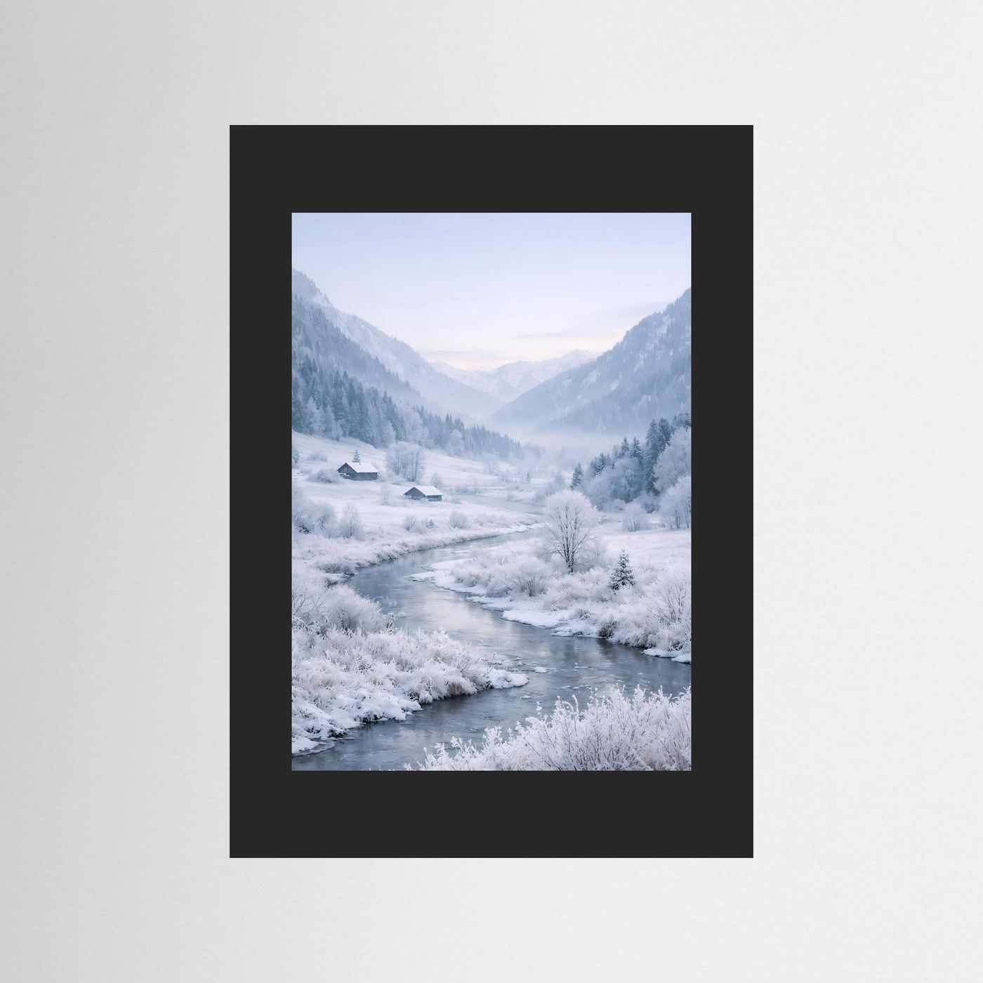 Wandposter Winterlandschaft mit Fluss, verschneiten Bäumen, Häusern und schwarzem Rahmen