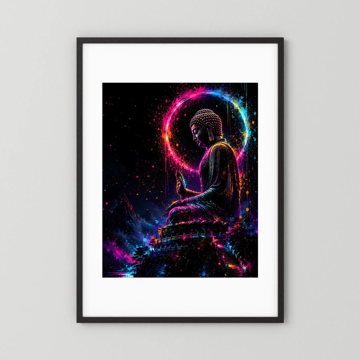Buddha-Kunstposter im Hochformat: sitzende Figur im Neonkreis, schwarzer Rahmen mit weißem Rand