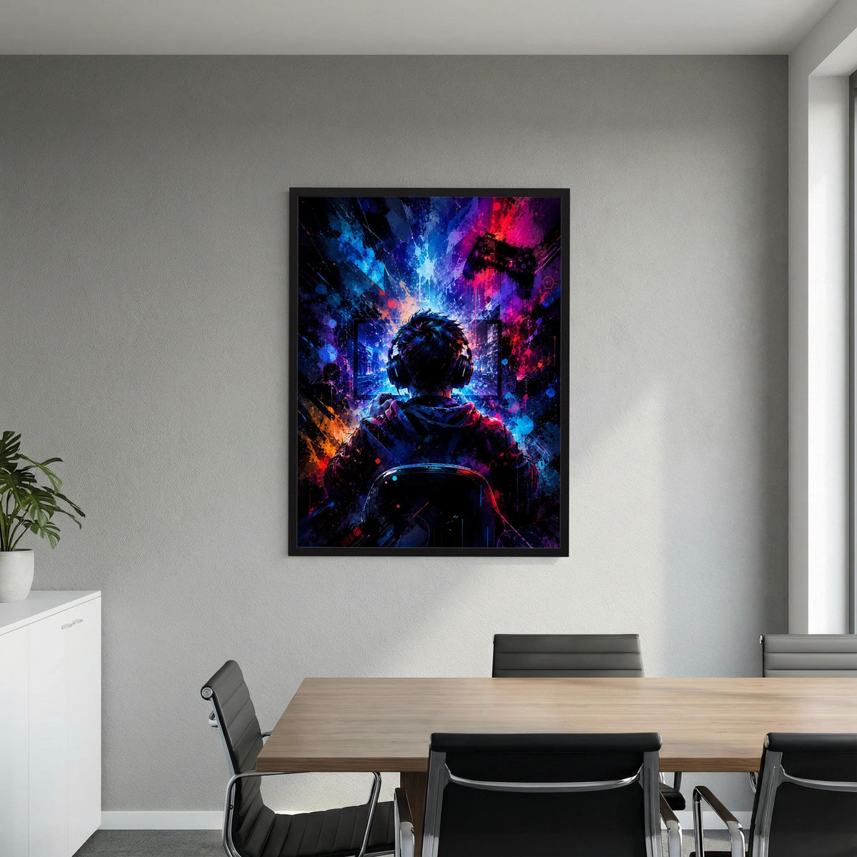 Neon-Gamer-Poster im Hochformat an der Wand: Headset-Silhouette, Farbmuster