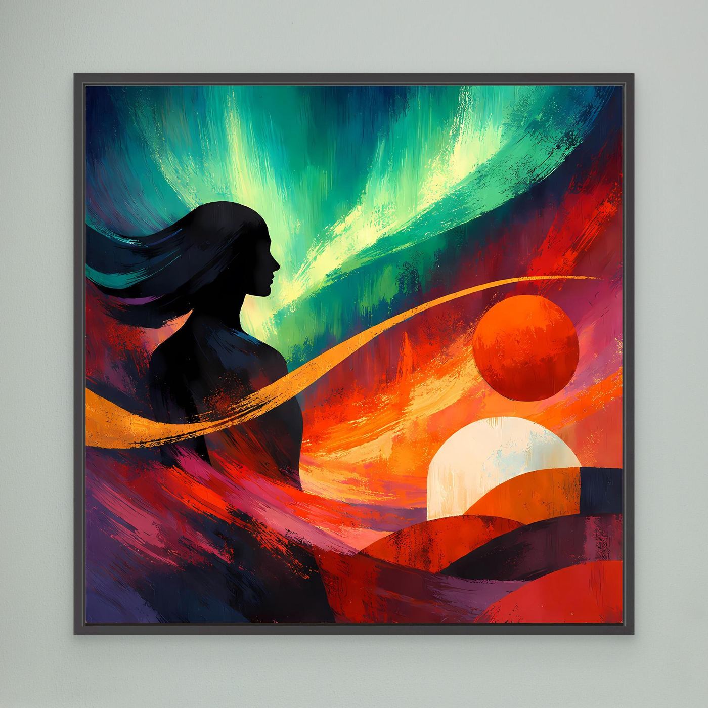Quadratisches Leinwandbild mit abstraktem Polarlicht, schwarzer Silhouette und Kreisen, schwarz gerahmt.