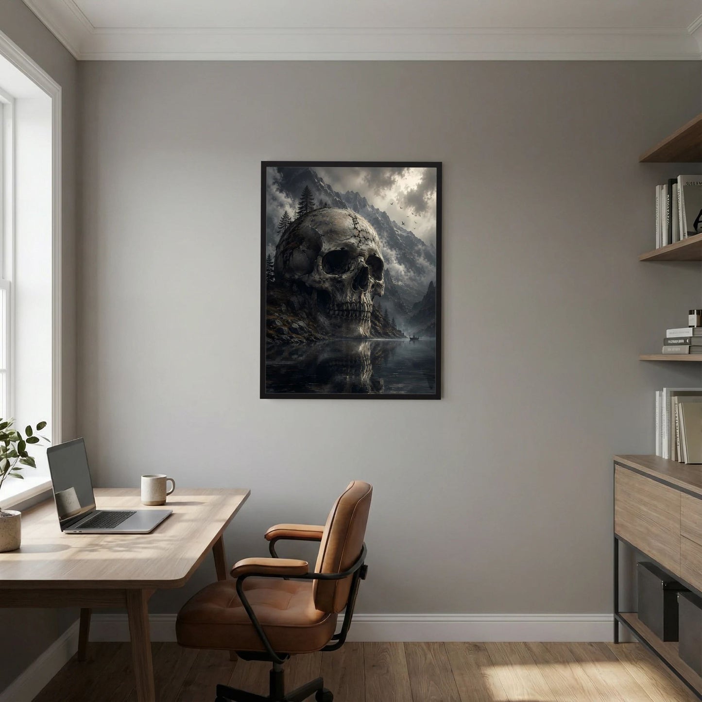 Totenkopf-Wandposter im schwarzen Rahmen, düstere Bergkulisse mit See und dunklem Himmel.